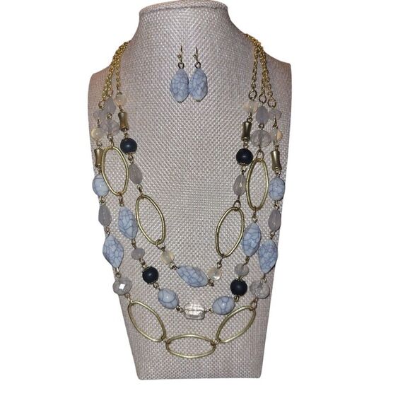 Charming Charlie Gold and Blue Necklace And Earrings. - Picture 1 of 3
